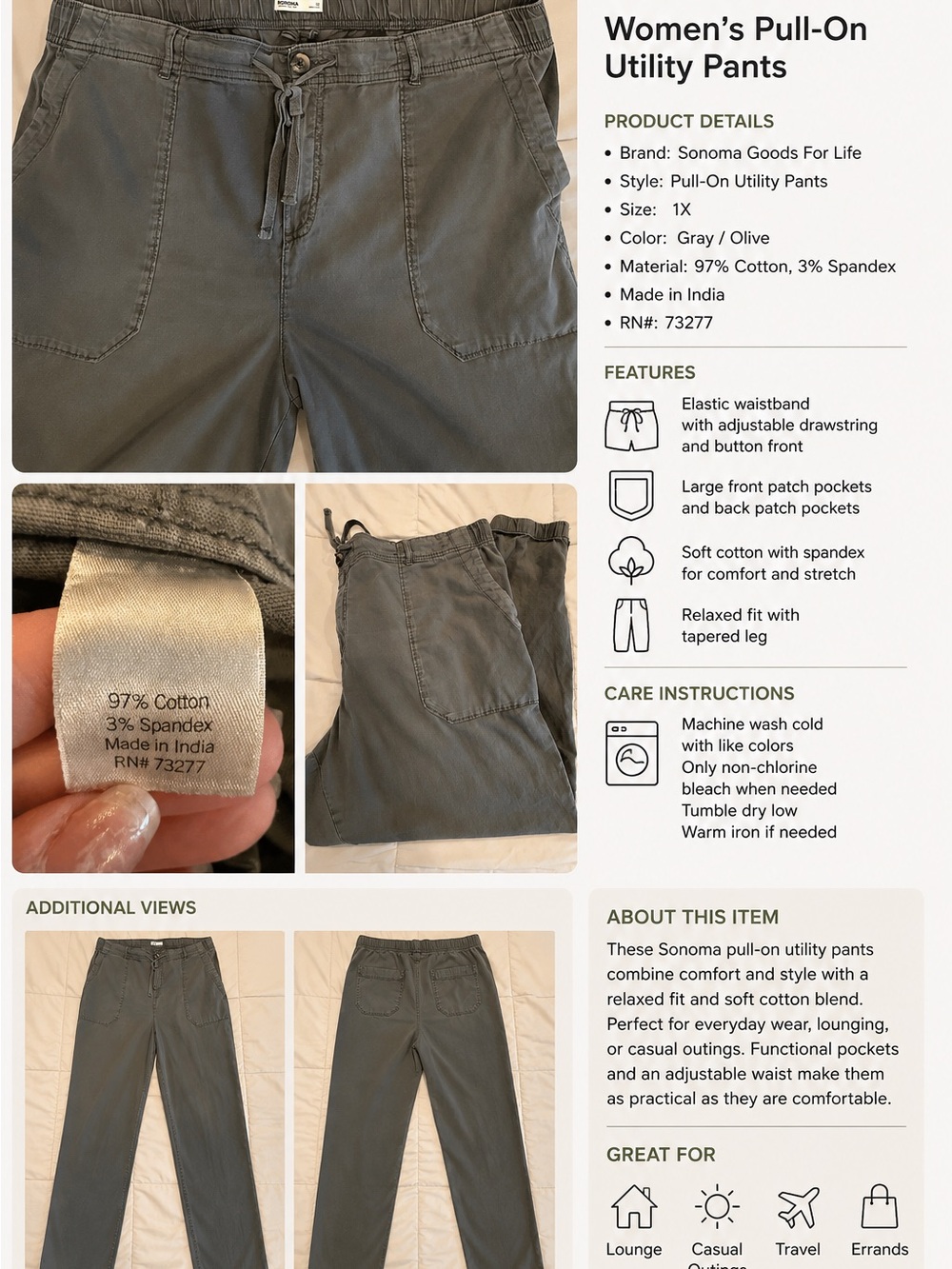 Sonoma Gray-Olive Women's Pull-On Cargo Pants